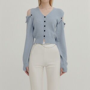 YUSE Cashmere Unbalance Shoulder Cut Crop Knit Cardigan (Light Blue)